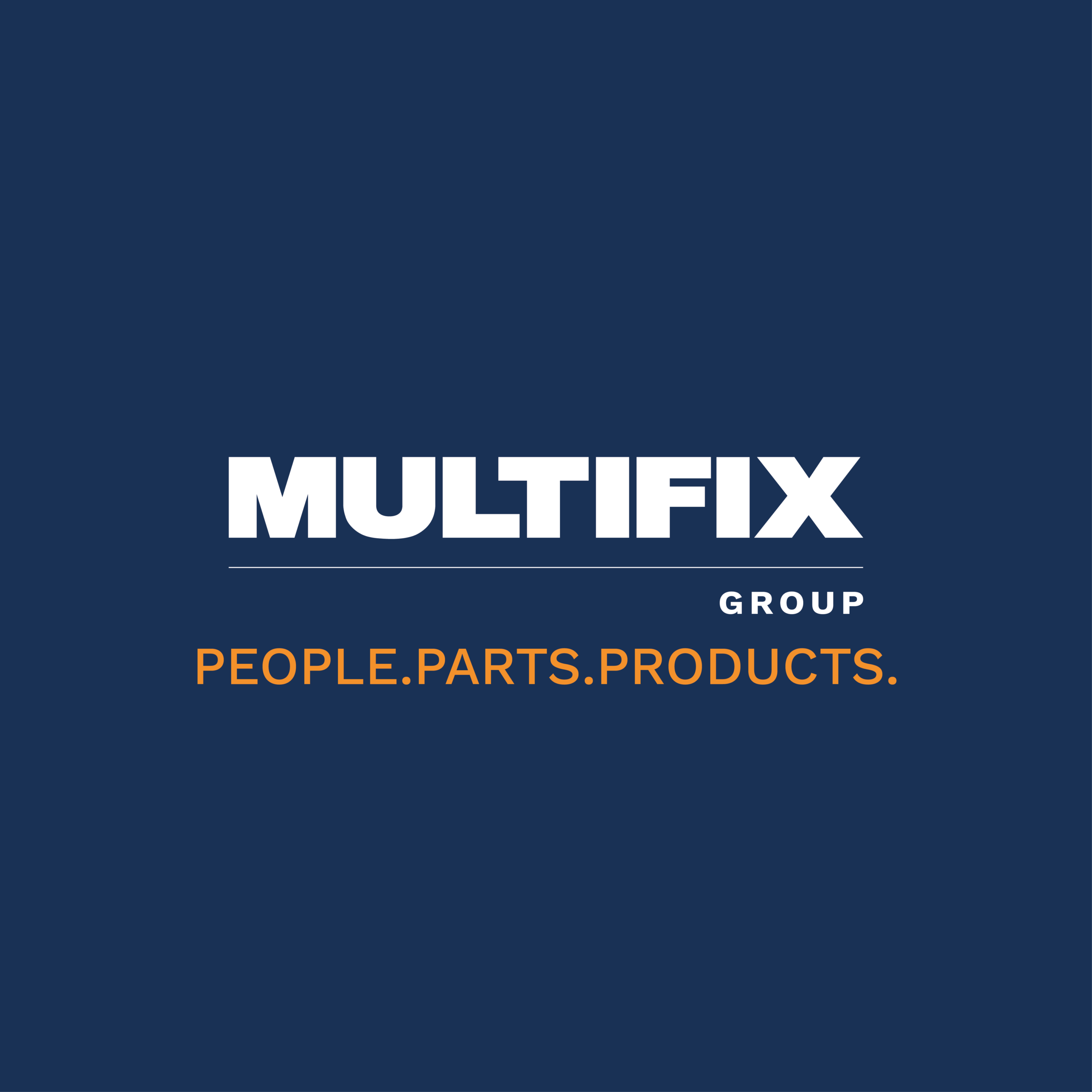 Logo MULTIFIX GROUP en people parts products ORANJE_Blauwe achtergrond